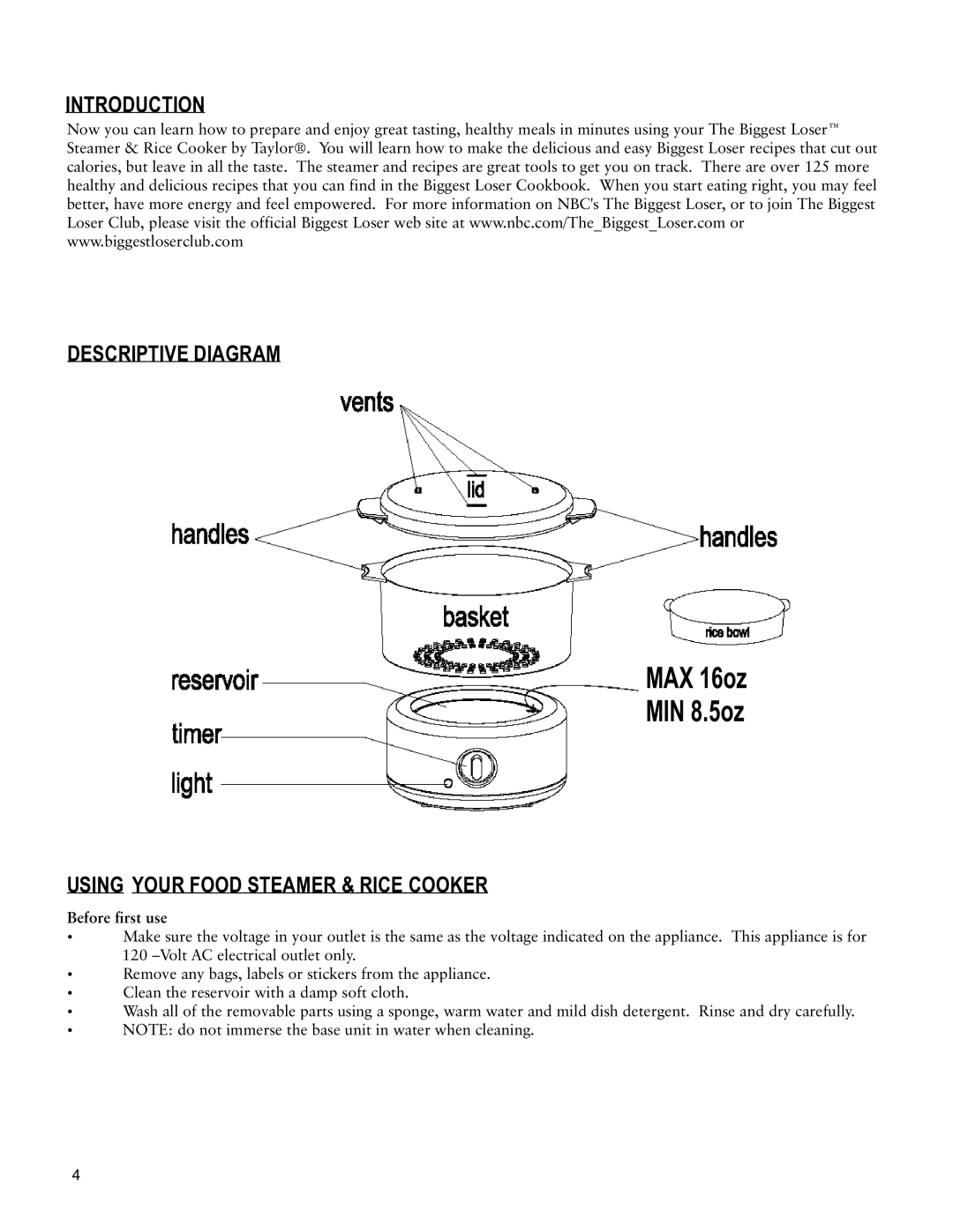 Taylor AS-1550-BL Introduction, Descriptive Diagram, Using Your Food Steamer & Rice Cooker, MAX 16oz MIN 8.5oz 