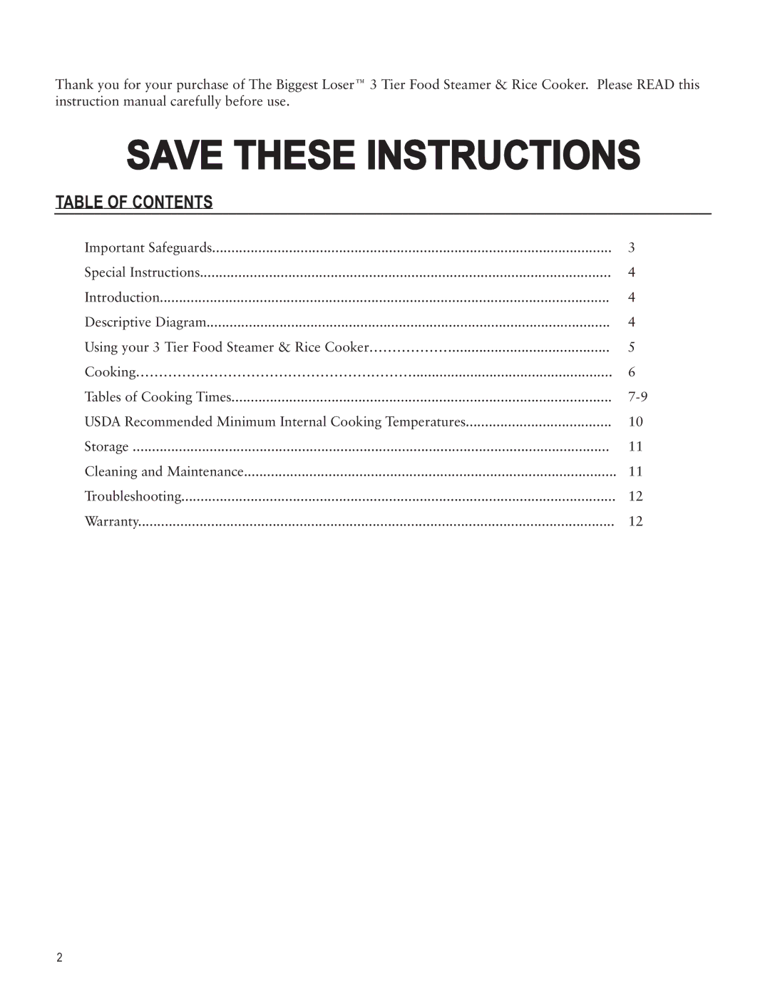 Taylor AS1510BL instruction manual Table of Contents 