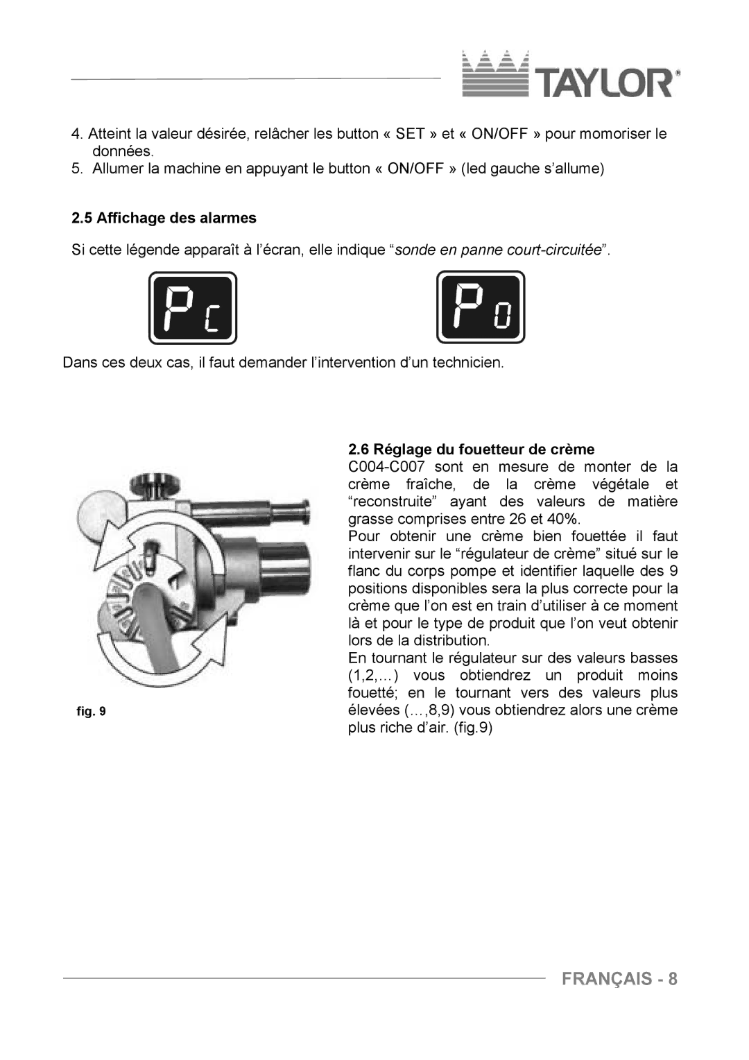 Taylor C004 - C007 manuel dutilisation Affichage des alarmes, Réglage du fouetteur de crème 
