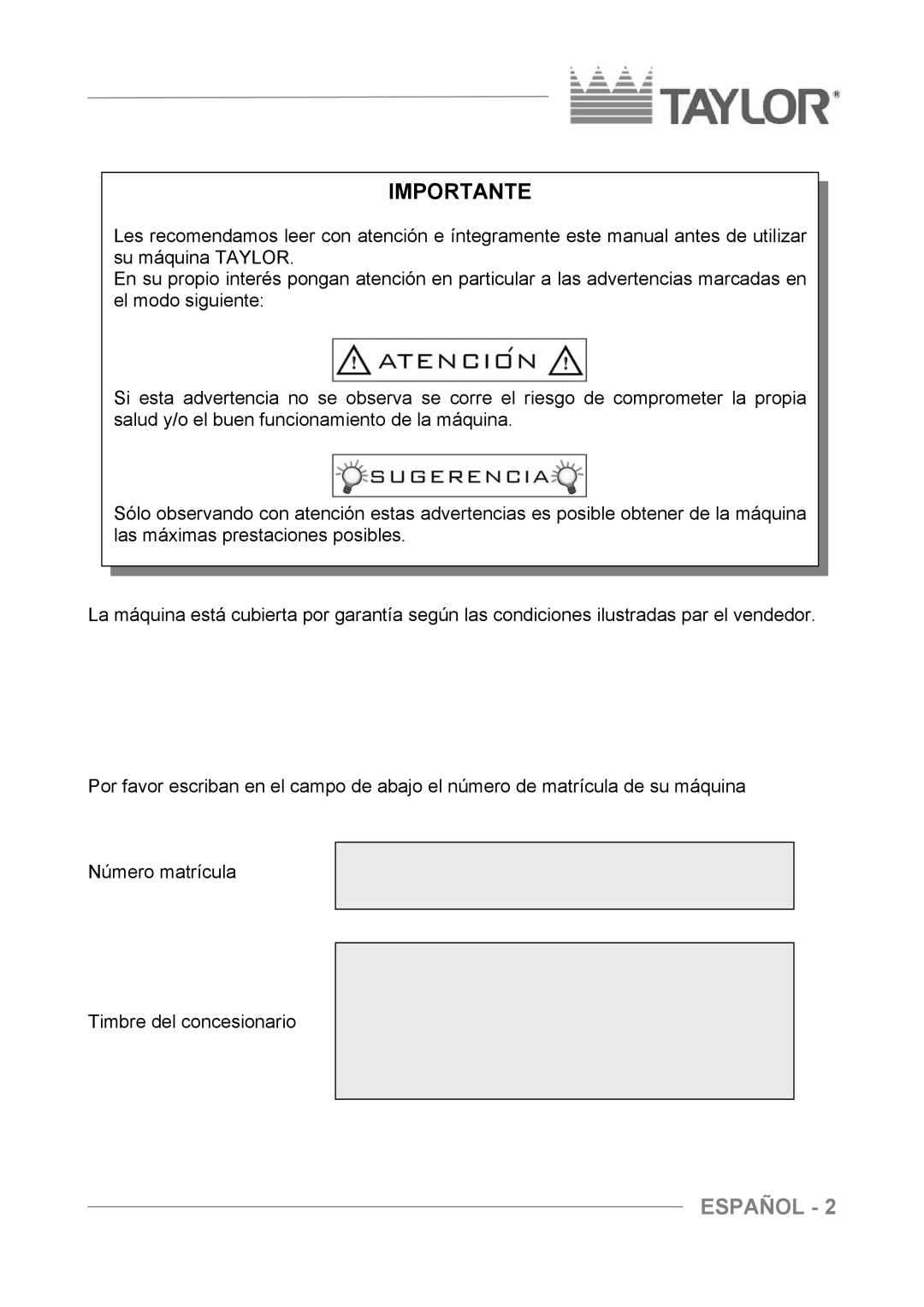 Taylor C004 - C007 manuel dutilisation Importante 