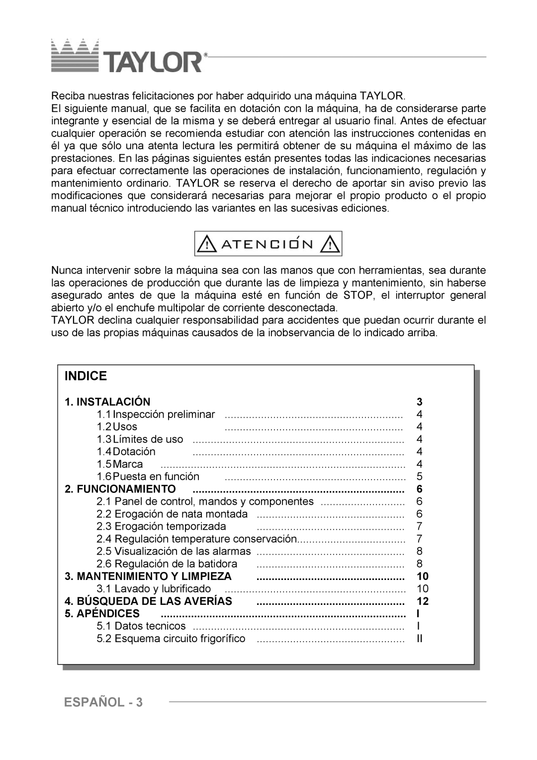 Taylor C004 - C007 manuel dutilisation Indice, Funcionamiento 