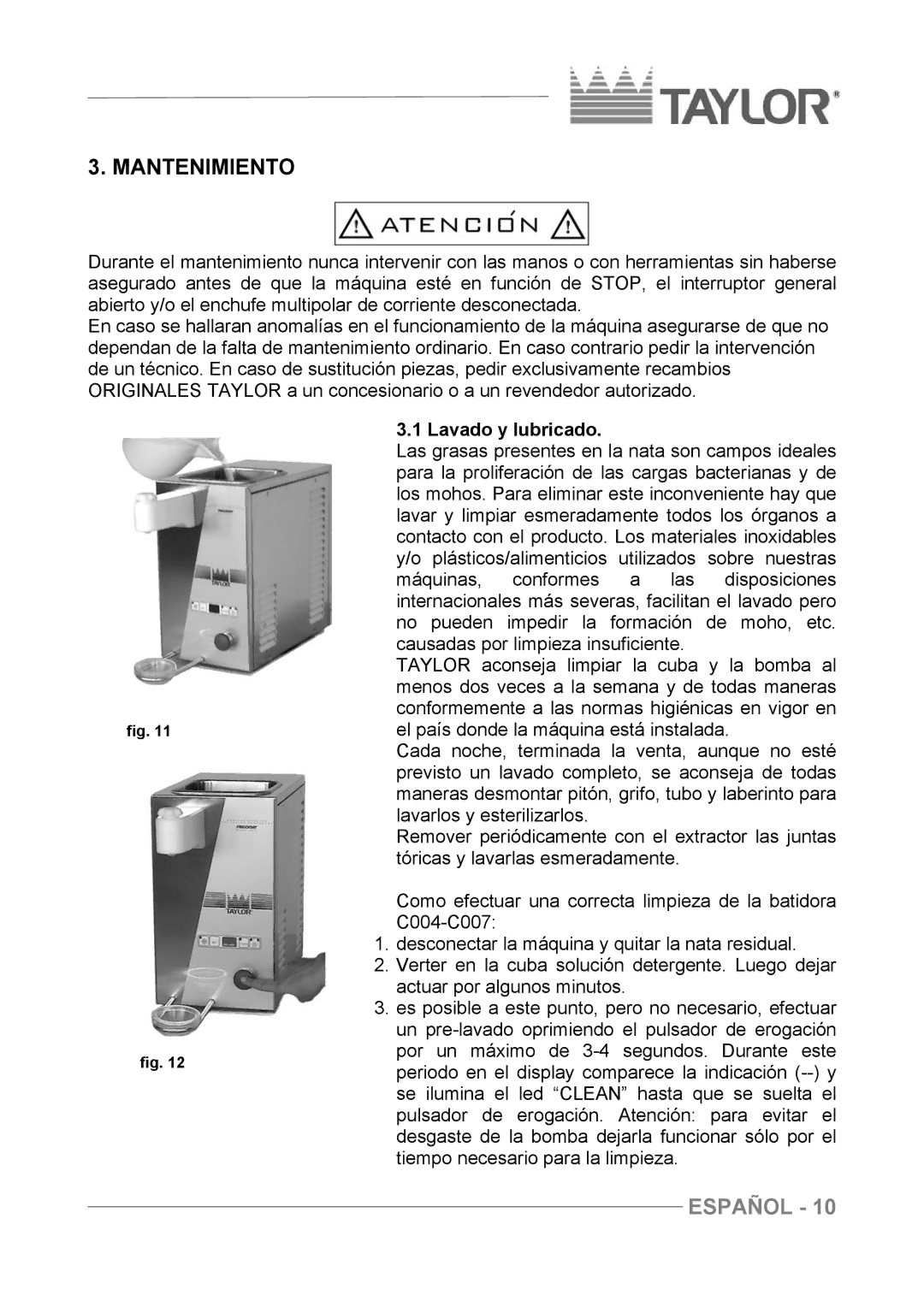 Taylor C004 - C007 manuel dutilisation Mantenimiento, Lavado y lubricado 