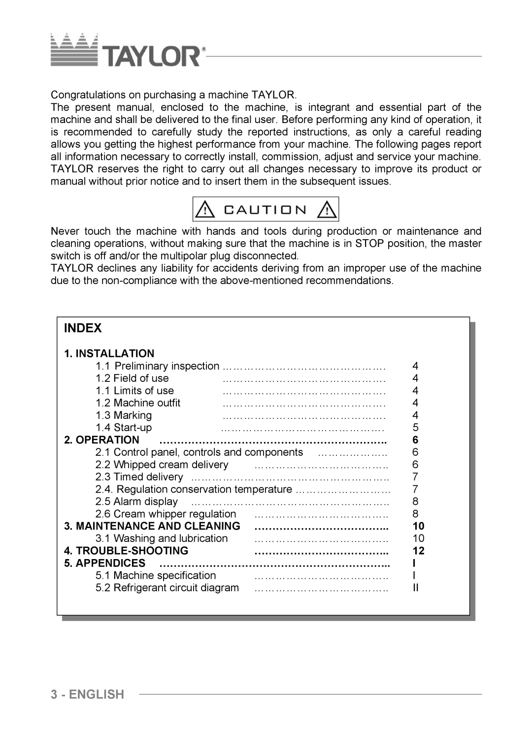 Taylor C004 - C007 manuel dutilisation Index, ……………………………………………………… 