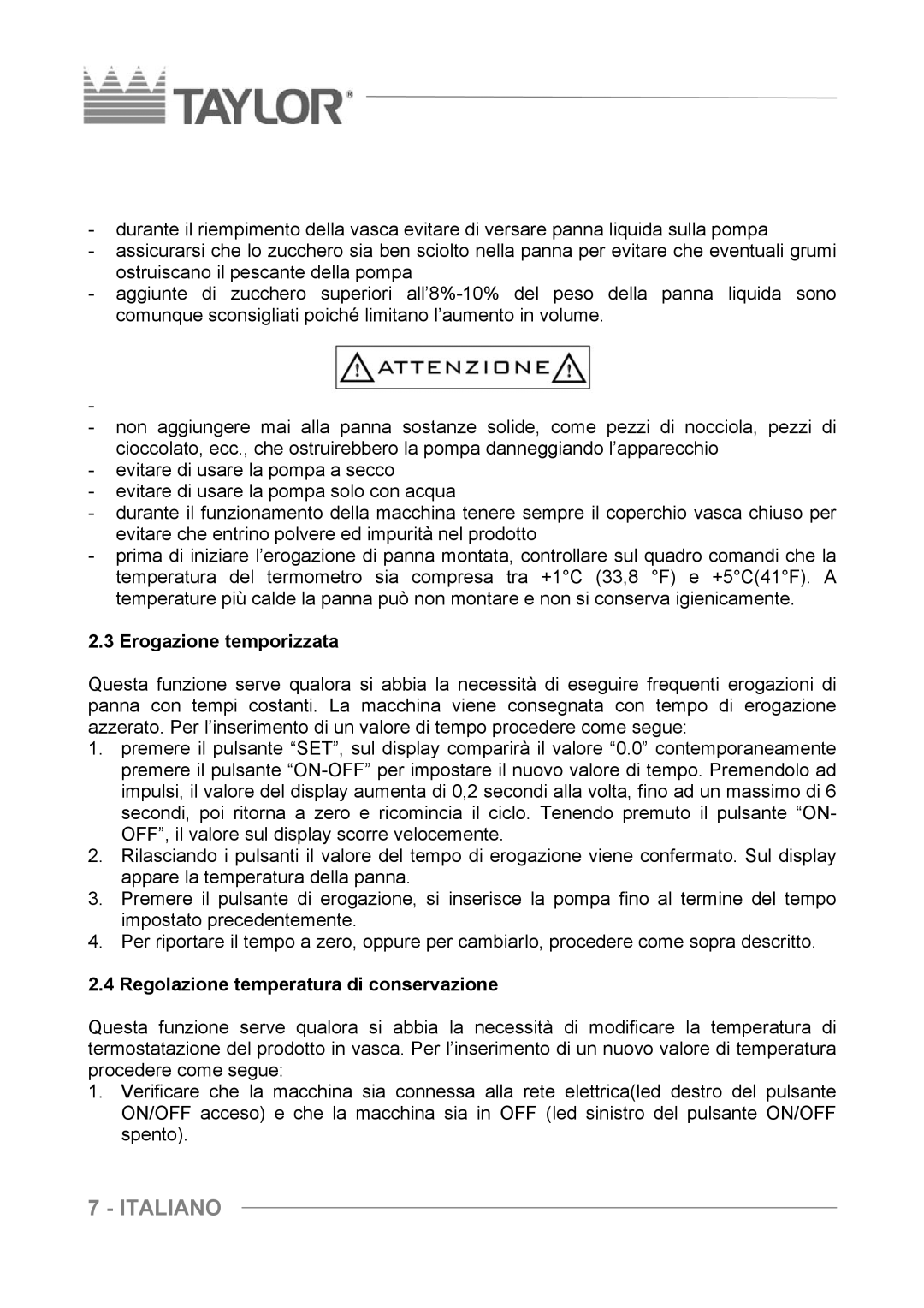 Taylor C004 - C007 manuel dutilisation Erogazione temporizzata, Regolazione temperatura di conservazione 