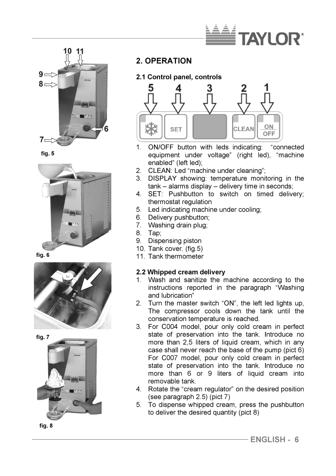 Taylor C004 - C007 manuel dutilisation Operation, Control panel, controls, Whipped cream delivery 