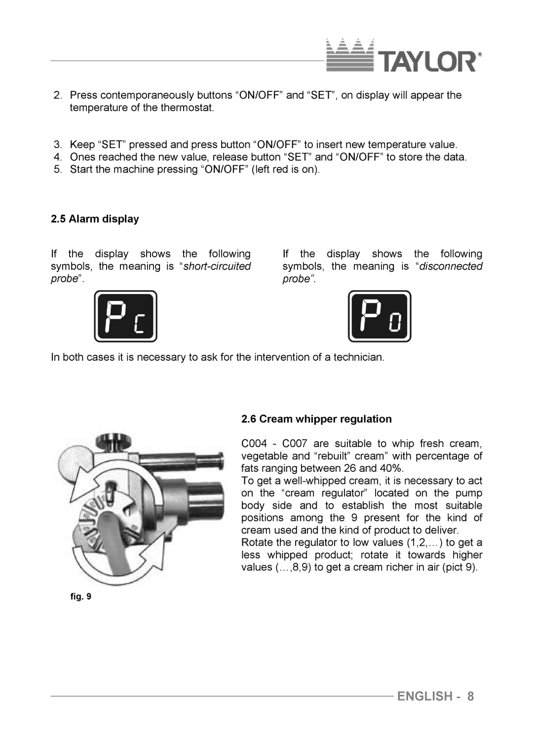 Taylor C004 - C007 manuel dutilisation Alarm display, Cream whipper regulation 