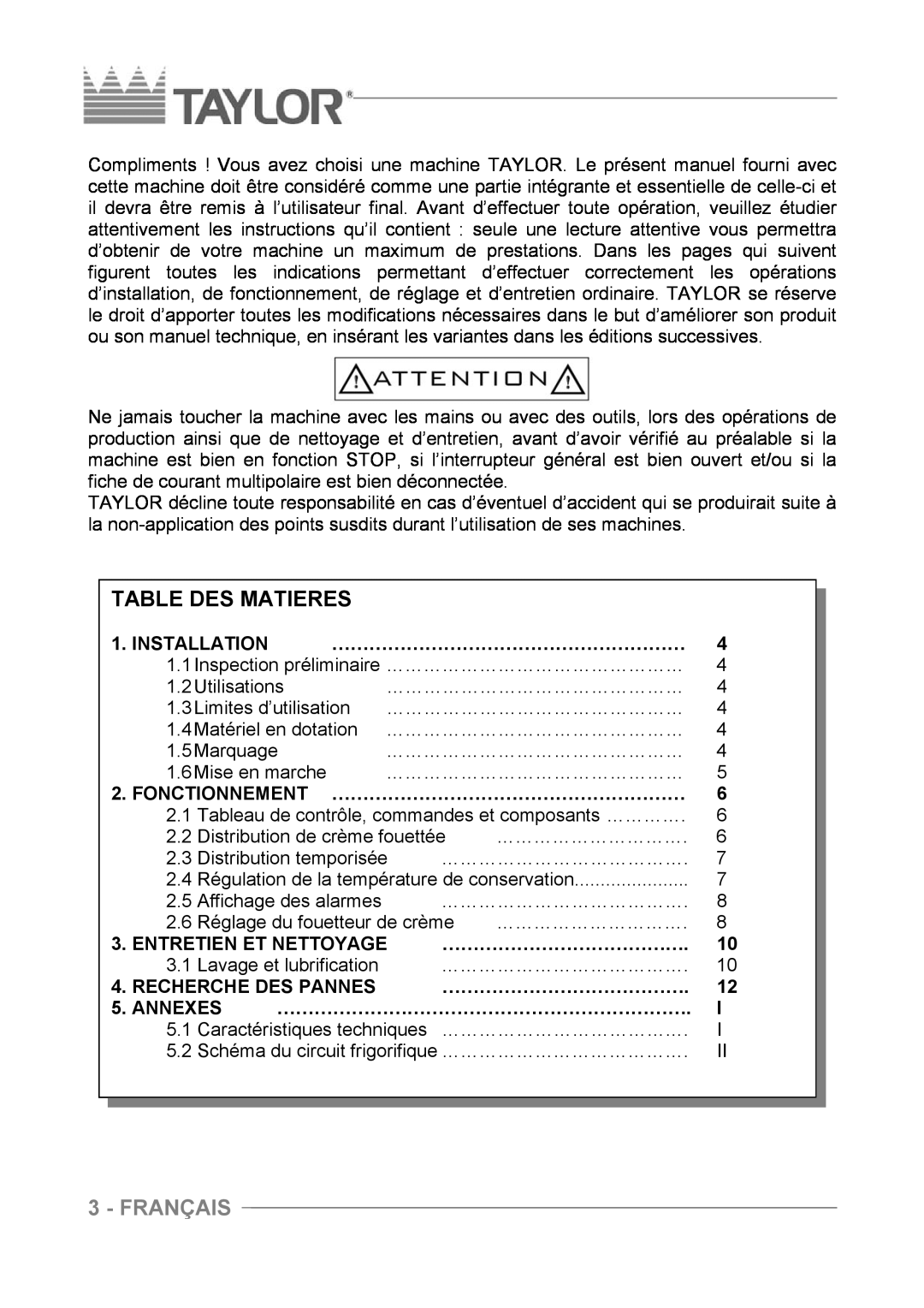 Taylor C004 - C007 manuel dutilisation Table Des Matieres, Français 