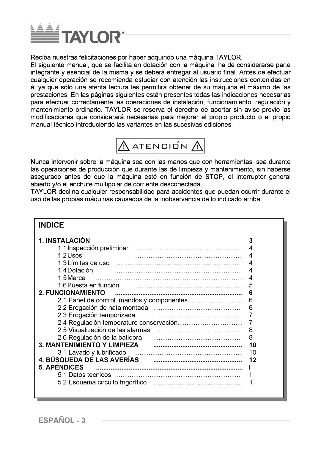 Taylor C004 - C007 manuel dutilisation Indice, Español 