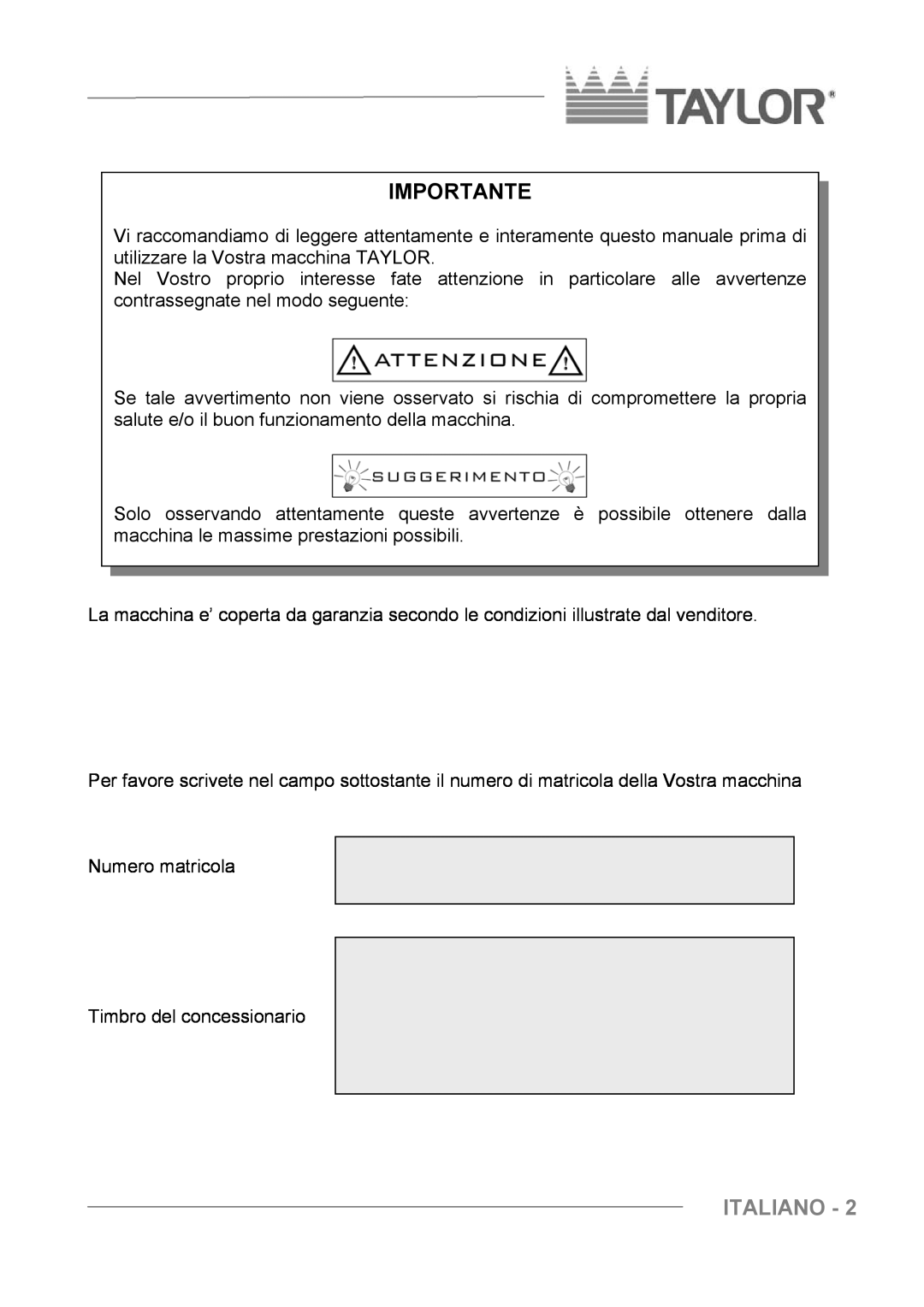 Taylor C004 - C007 manuel dutilisation Italiano, Importante 