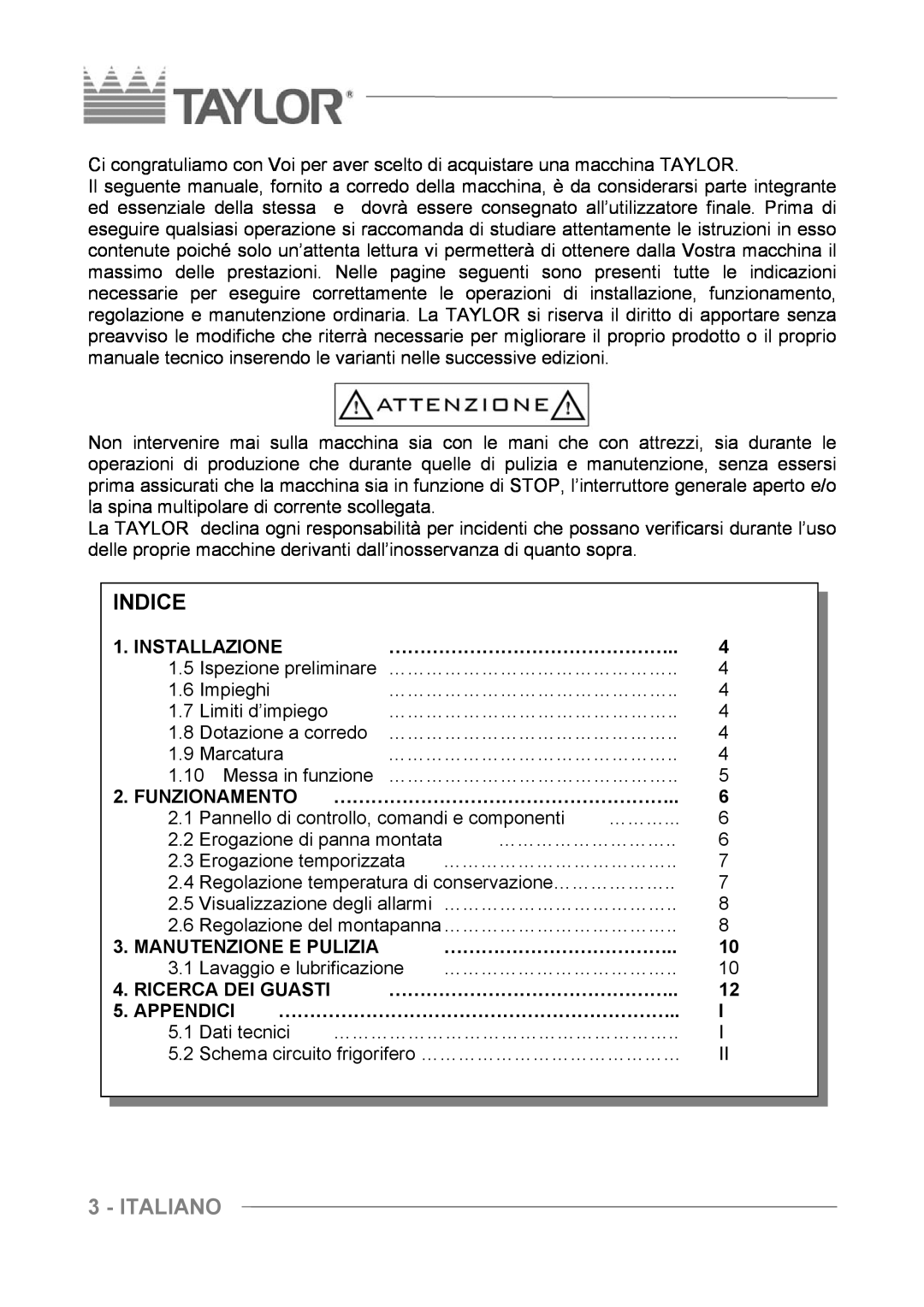 Taylor C004 - C007 manuel dutilisation Italiano, Indice 