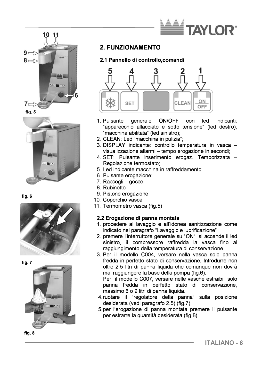 Taylor C004 - C007 manuel dutilisation Funzionamento, Italiano, Pannello di controllo,comandi, Erogazione di panna montata 