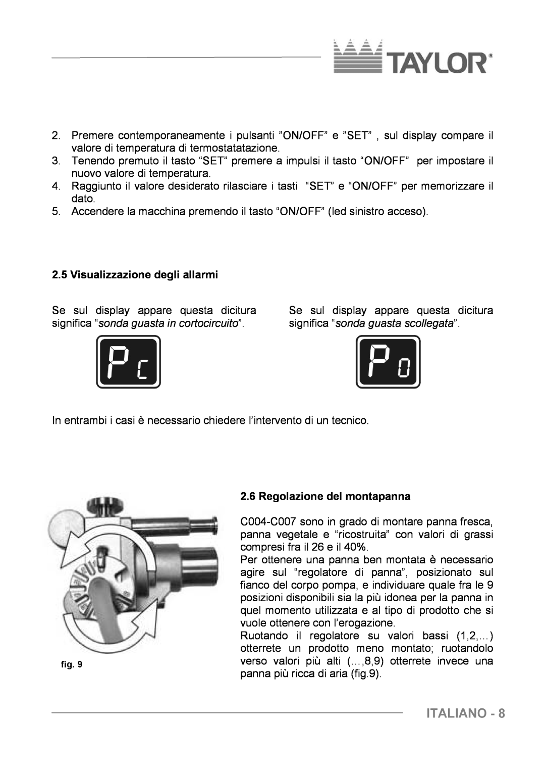 Taylor C004 - C007 manuel dutilisation Italiano, Visualizzazione degli allarmi, Regolazione del montapanna 