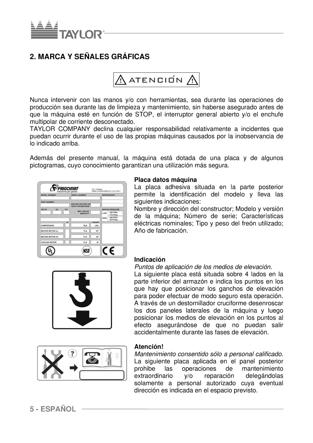 Taylor C117 Marca Y Señales Gráficas, Placa datos máquina, Indicación, Puntos de aplicación de los medios de elevación 