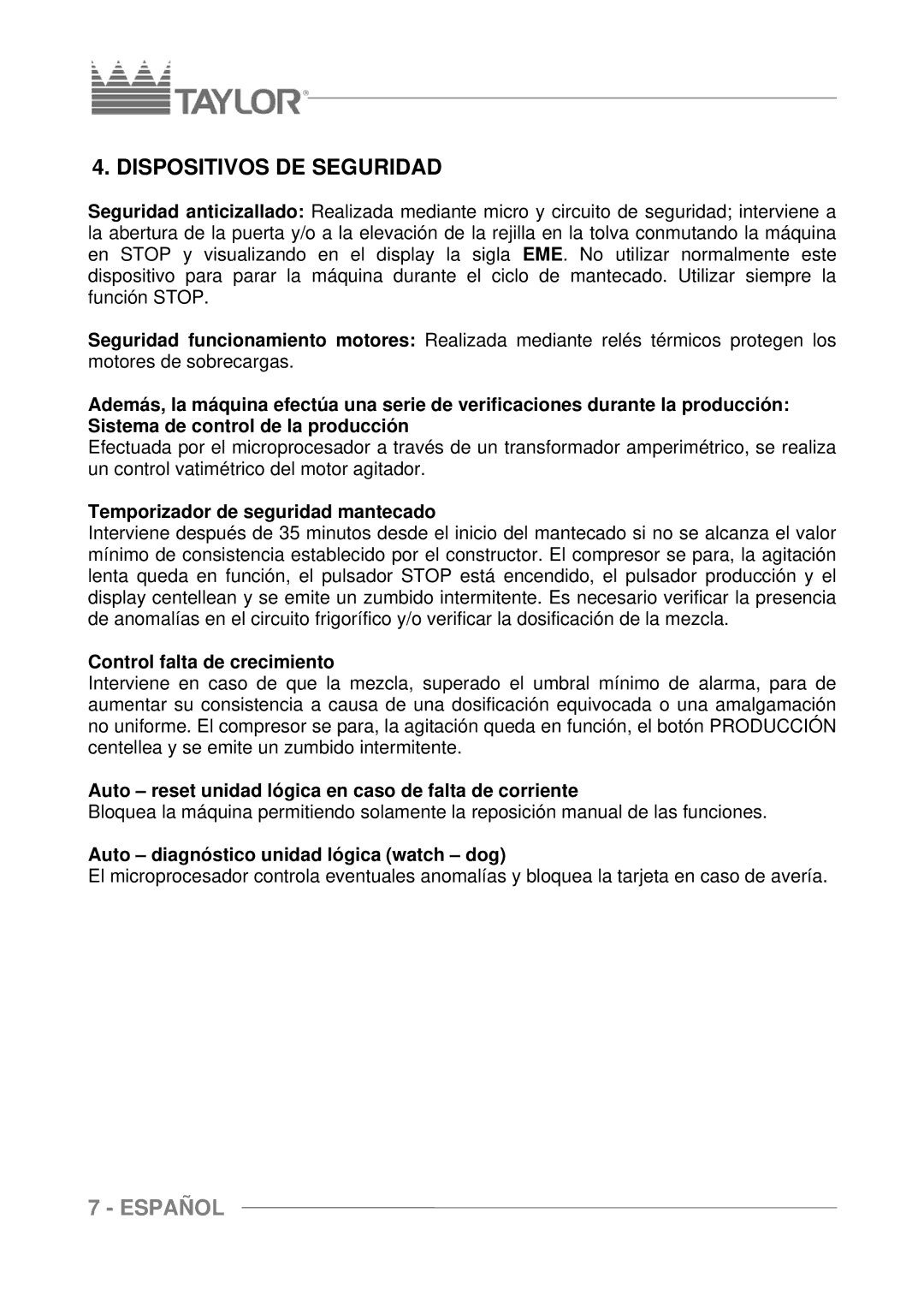 Taylor C116, C117, C118 Dispositivos DE Seguridad, Temporizador de seguridad mantecado, Control falta de crecimiento 