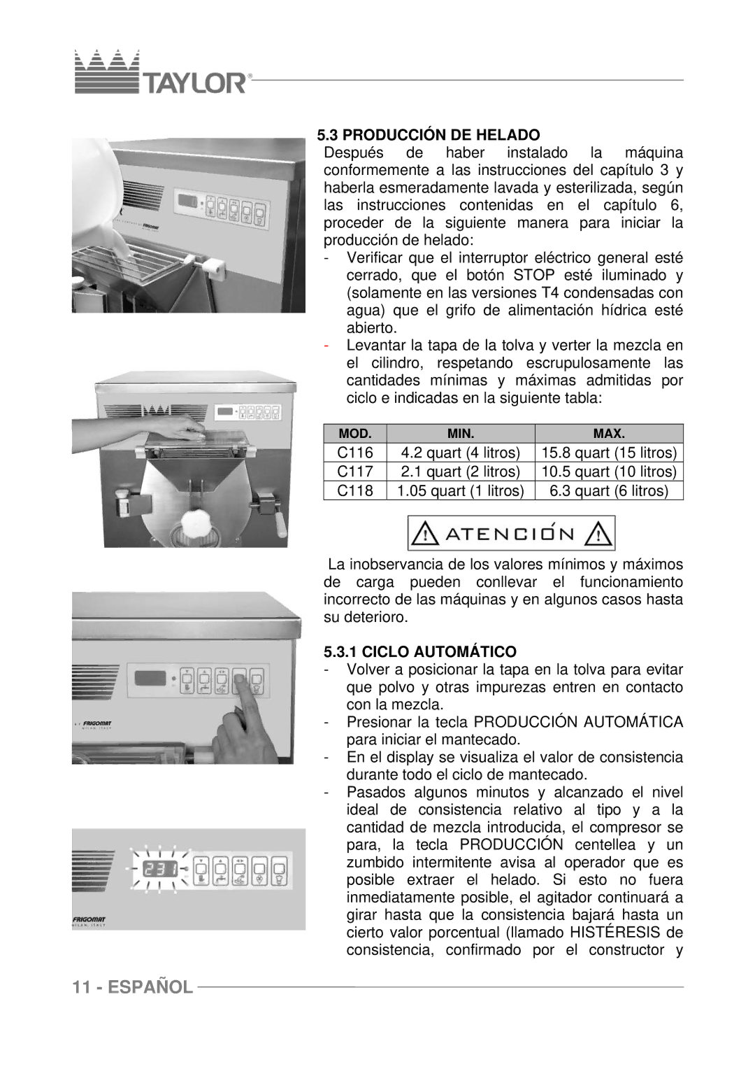 Taylor C117, C116, C118 manuel dutilisation Producción DE Helado, Ciclo Automático 