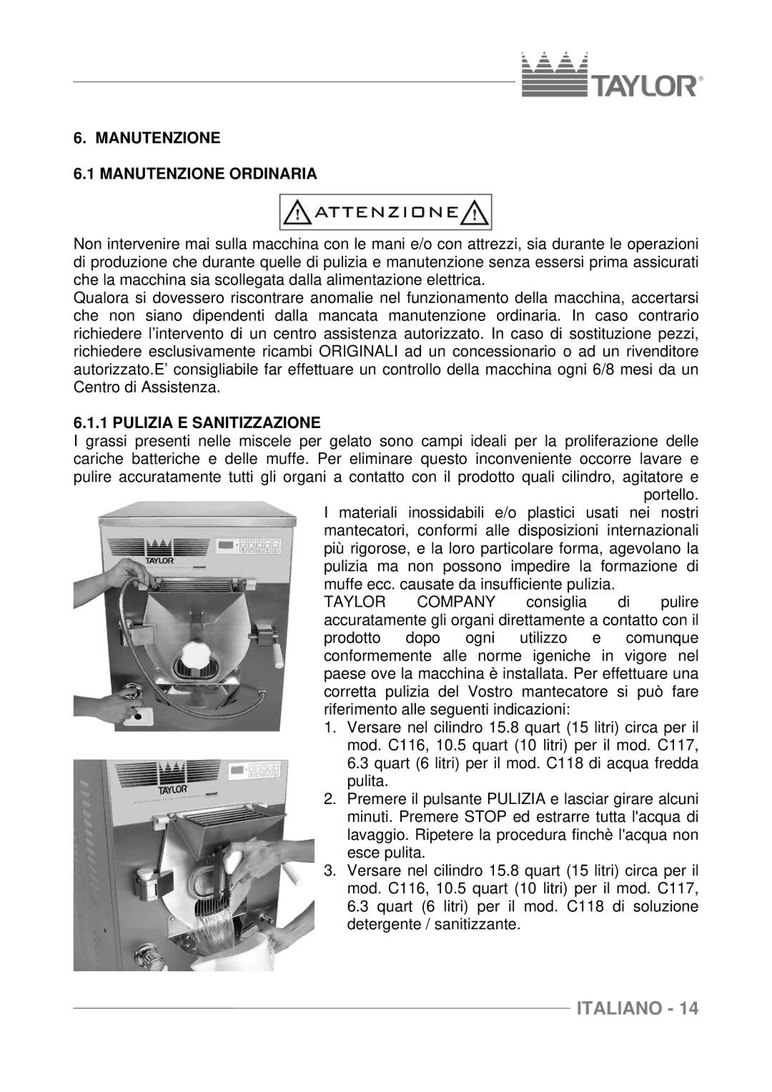 Taylor C117, C116, C118 manuel dutilisation Manutenzione Manutenzione Ordinaria, Pulizia E Sanitizzazione 