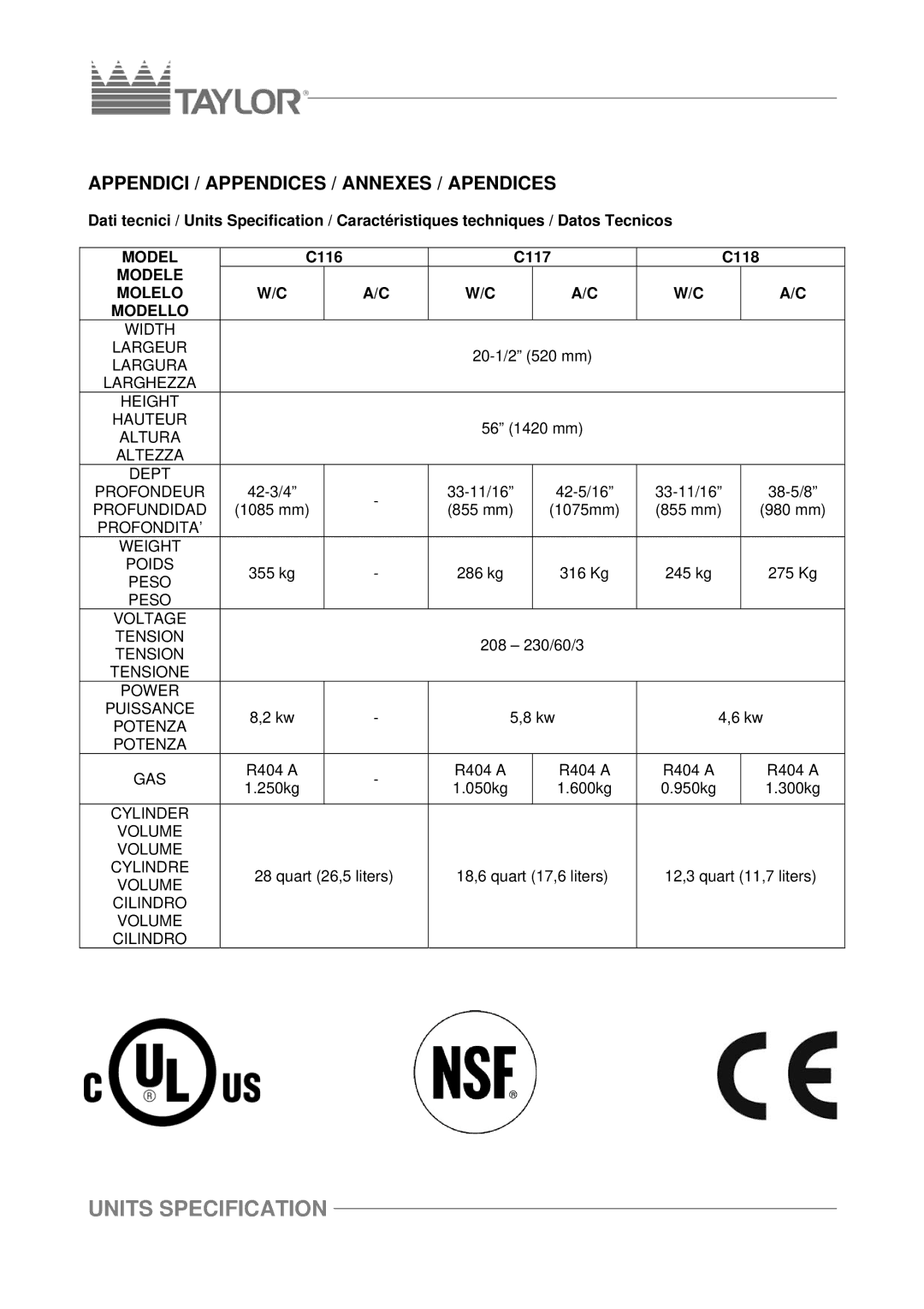 Taylor C116, C117, C118 manuel dutilisation Appendici / Appendices / Annexes / Apendices, Modele Molelo Modello 