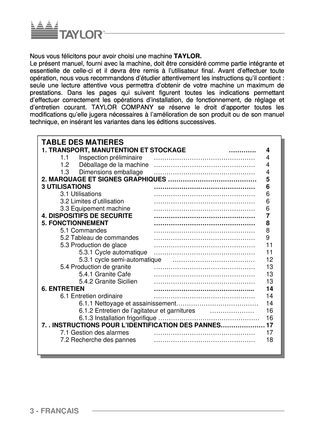 Taylor C118 Table Des Matieres, Français, Transport, Manutention Et Stockage, …………, Utilisations, Dispositifs De Securite 