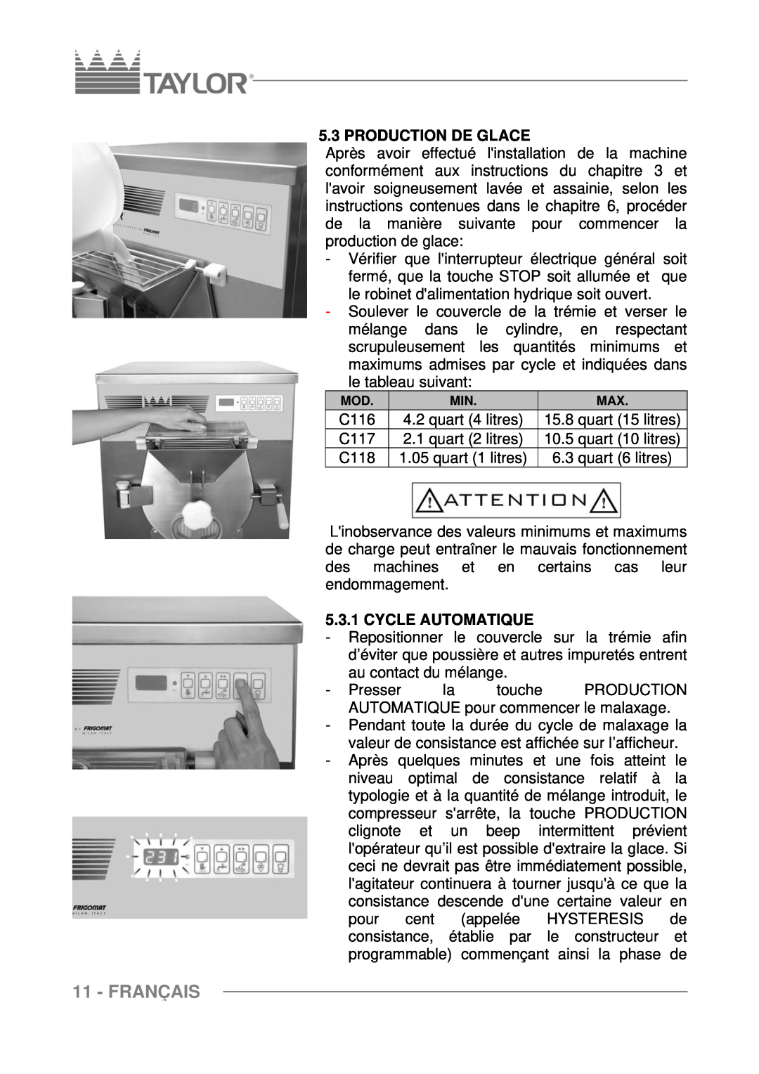 Taylor C117, C116, C118 manuel dutilisation Français, Production De Glace, Cycle Automatique 