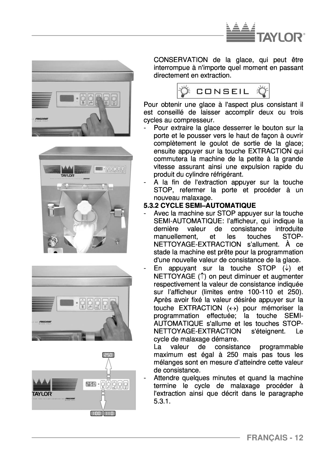 Taylor C118, C116, C117 manuel dutilisation Cycle Semi-Automatique, Français 