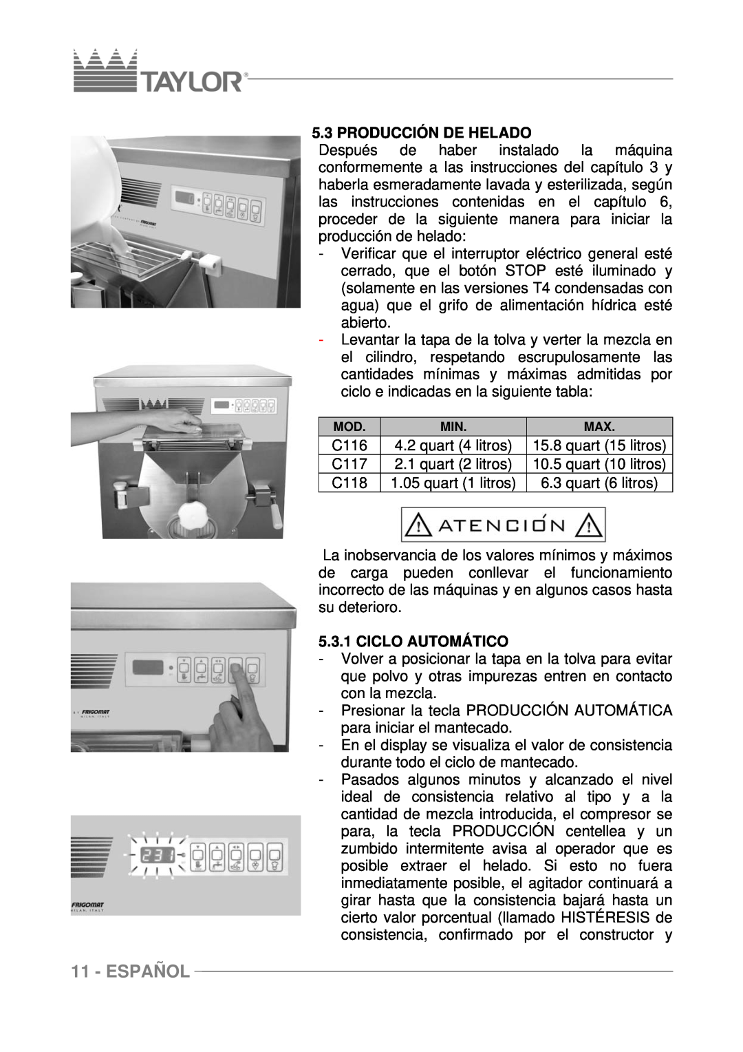 Taylor C117, C116, C118 manuel dutilisation Español, Producción De Helado, Ciclo Automático 