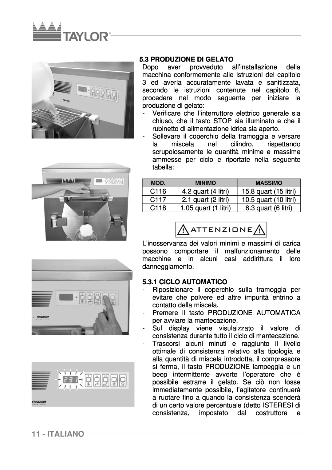 Taylor C117, C116, C118 manuel dutilisation Italiano, Produzione Di Gelato, Ciclo Automatico 