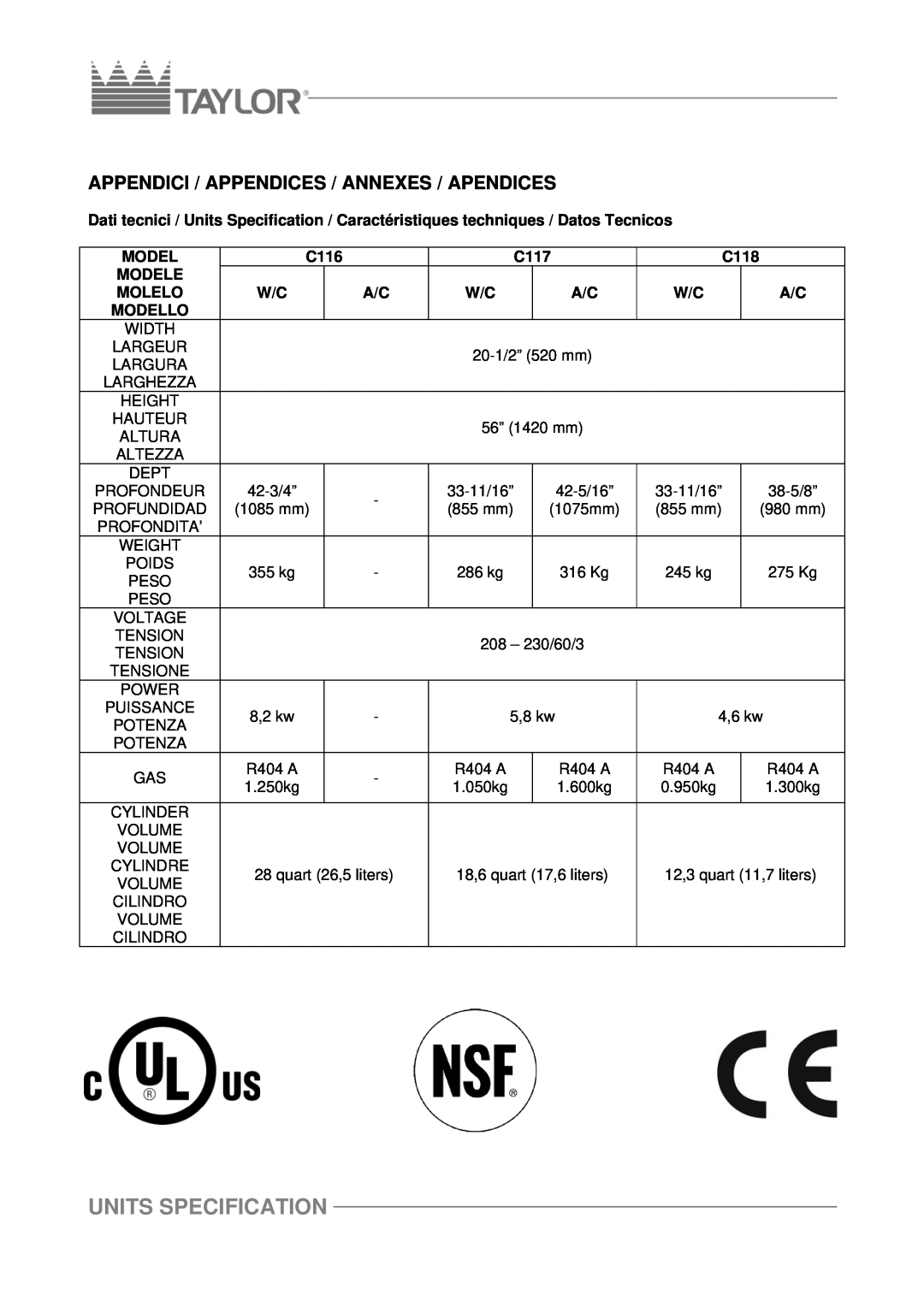 Taylor C116, C117, C118 manuel dutilisation Units Specification, Appendici / Appendices / Annexes / Apendices 