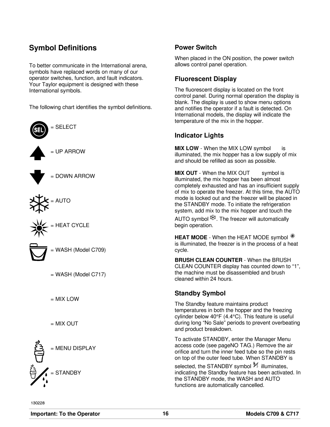 Taylor C709, C717 manual Symbol Definitions, Power Switch, Fluorescent Display, Indicator Lights, Standby Symbol 