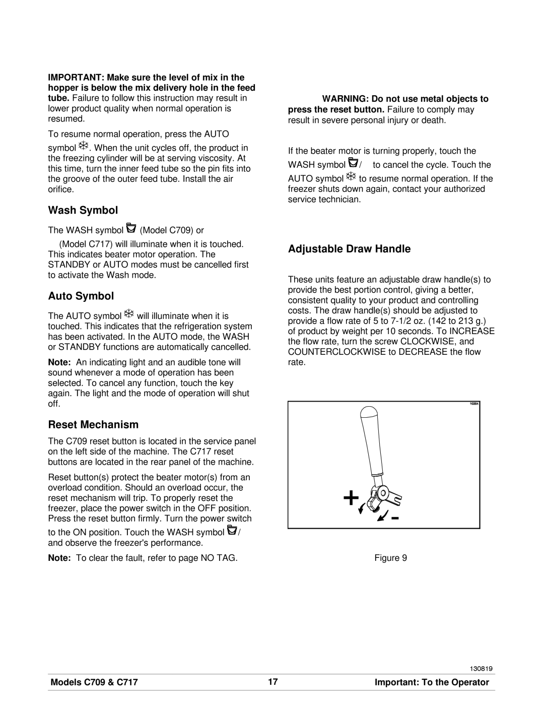 Taylor C717, C709 manual Wash Symbol, Auto Symbol, Reset Mechanism, Adjustable Draw Handle 