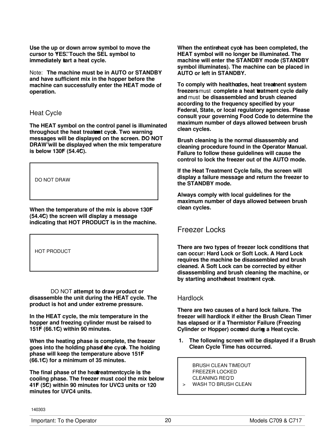 Taylor C709, C717 manual Freezer Locks, Heat Cycle, Hardlock 