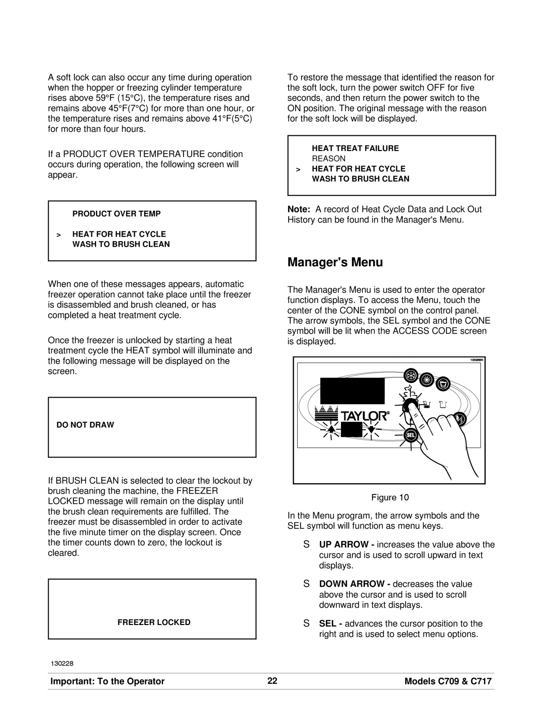 Taylor C709, C717 manual Managers Menu 