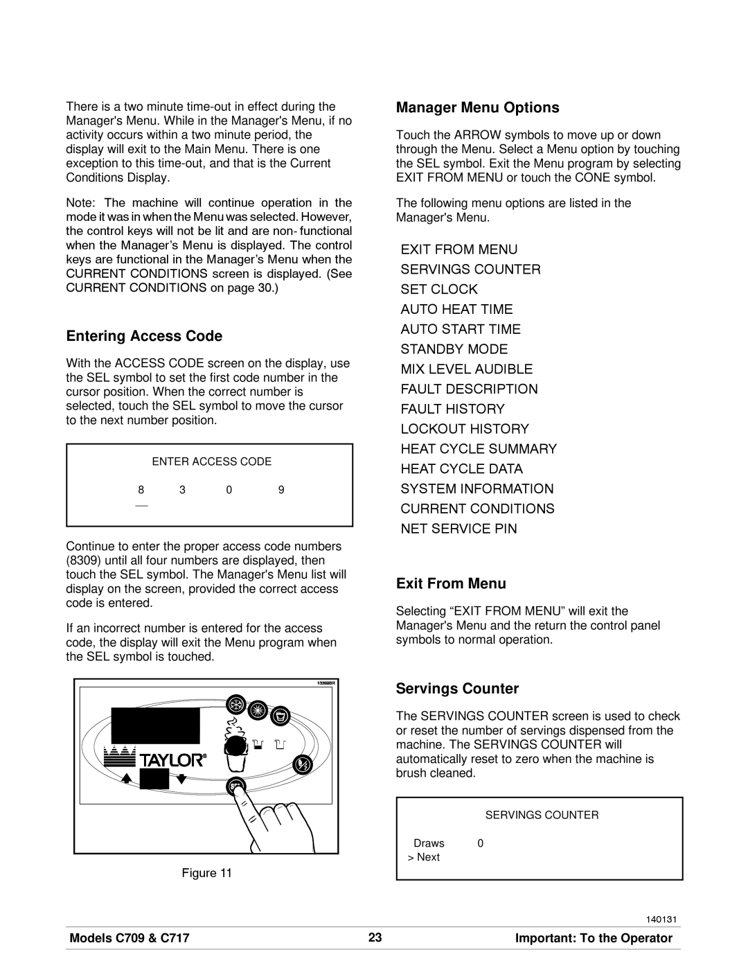 Taylor C717, C709 manual Entering Access Code, Manager Menu Options, Exit From Menu, Servings Counter 