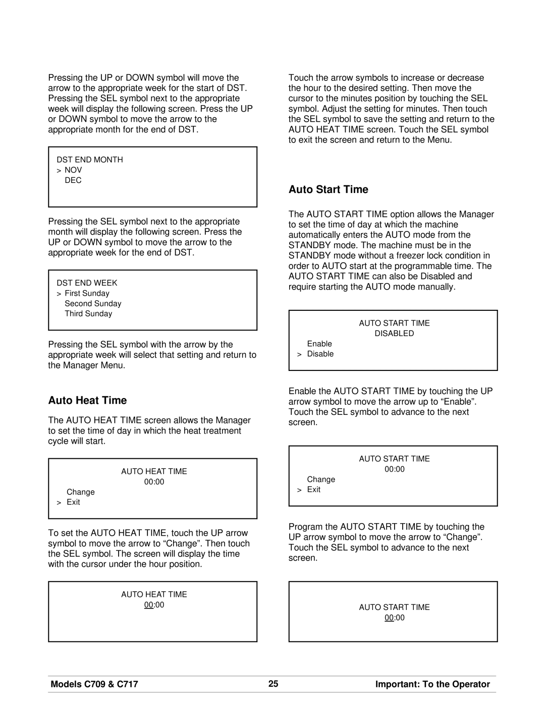Taylor C717, C709 manual Auto Heat Time, Auto Start Time 