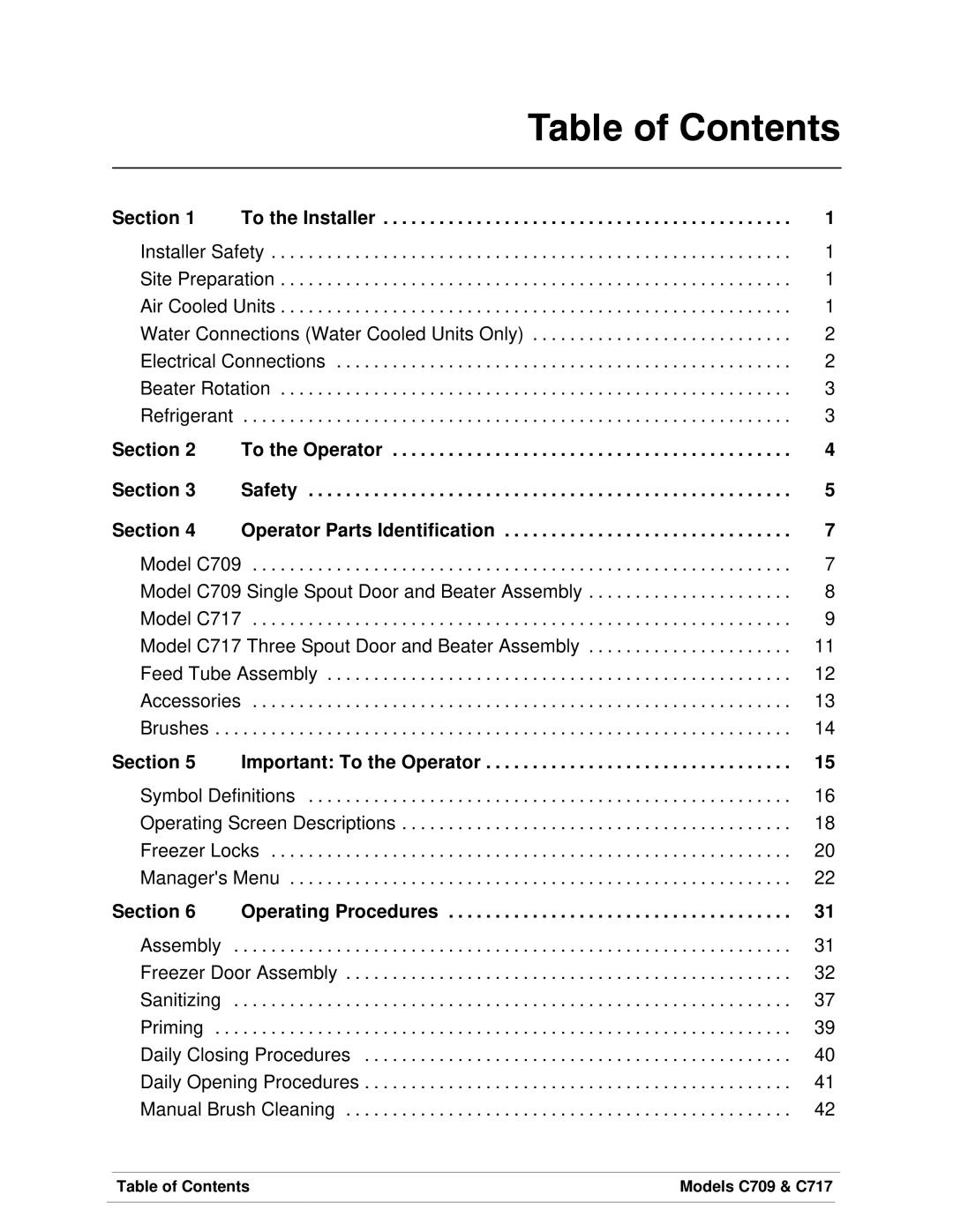 Taylor C717, C709 manual Table of Contents 