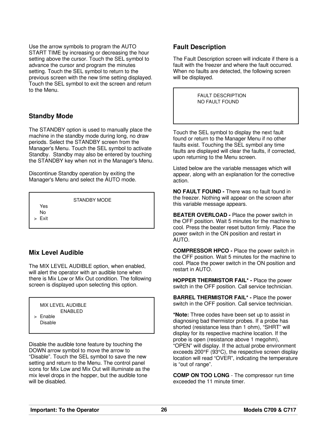 Taylor C709, C717 manual Standby Mode, Mix Level Audible, Fault Description 