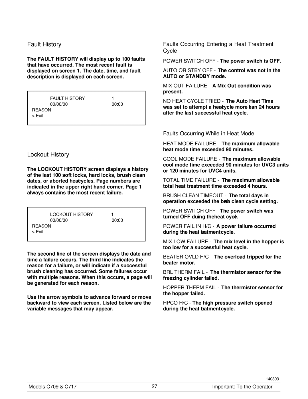 Taylor C717, C709 manual Fault History, Lockout History 