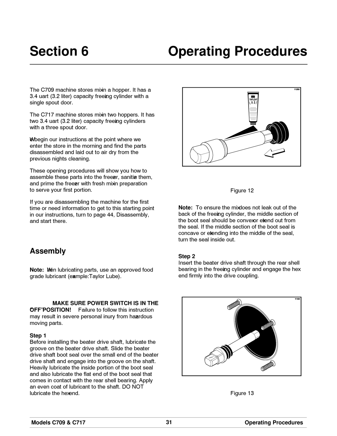 Taylor manual Section Operating Procedures, Assembly, Models C709 & C717 Operating Procedures 