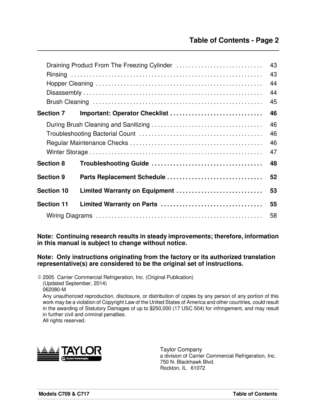 Taylor C709, C717 manual Table of Contents 