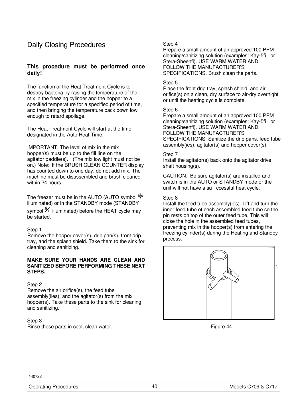 Taylor C709, C717 manual Daily Closing Procedures, This procedure must be performed once daily 