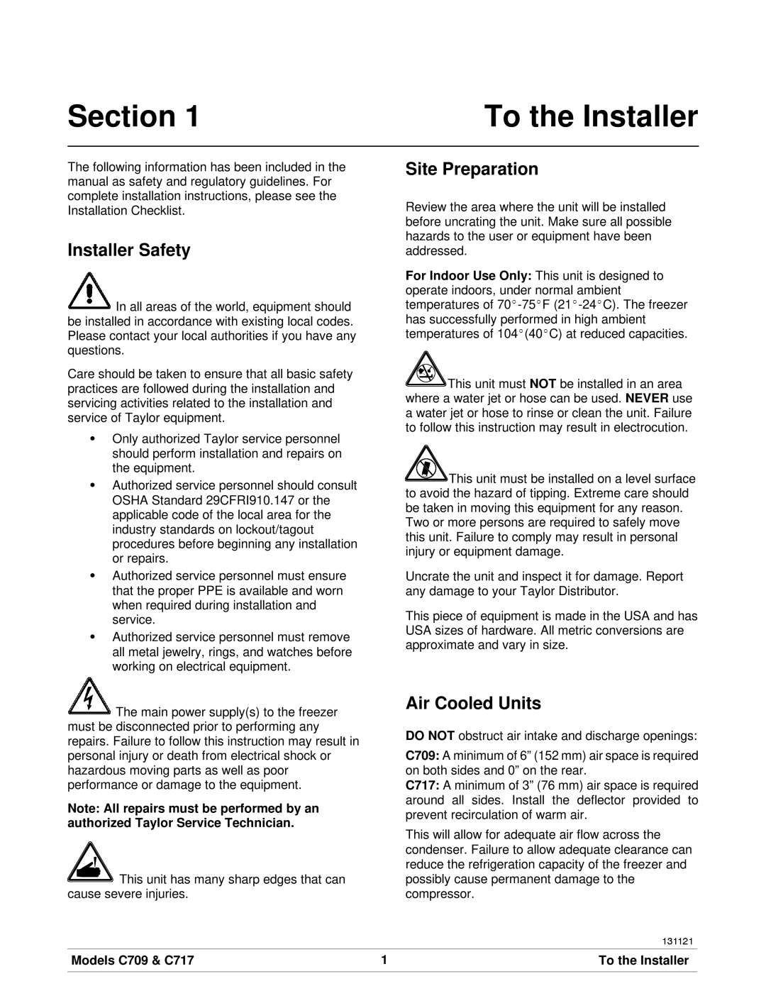 Taylor manual Section, Installer Safety, Site Preparation, Air Cooled Units, Models C709 & C717 To the Installer 