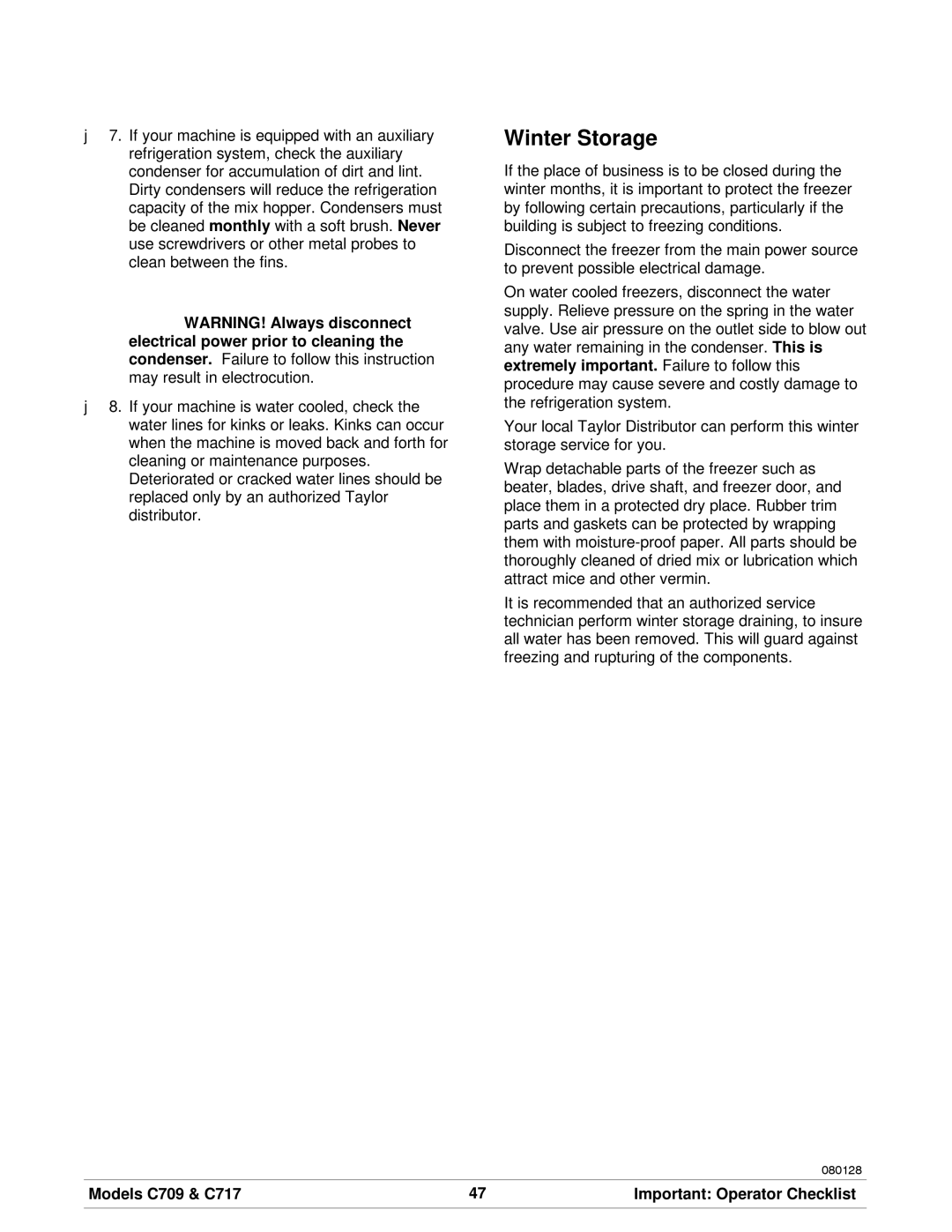 Taylor manual Winter Storage, Models C709 & C717 Important Operator Checklist 