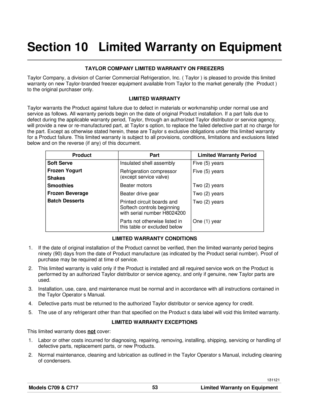 Taylor C717, C709 manual Limited Warranty on Equipment 