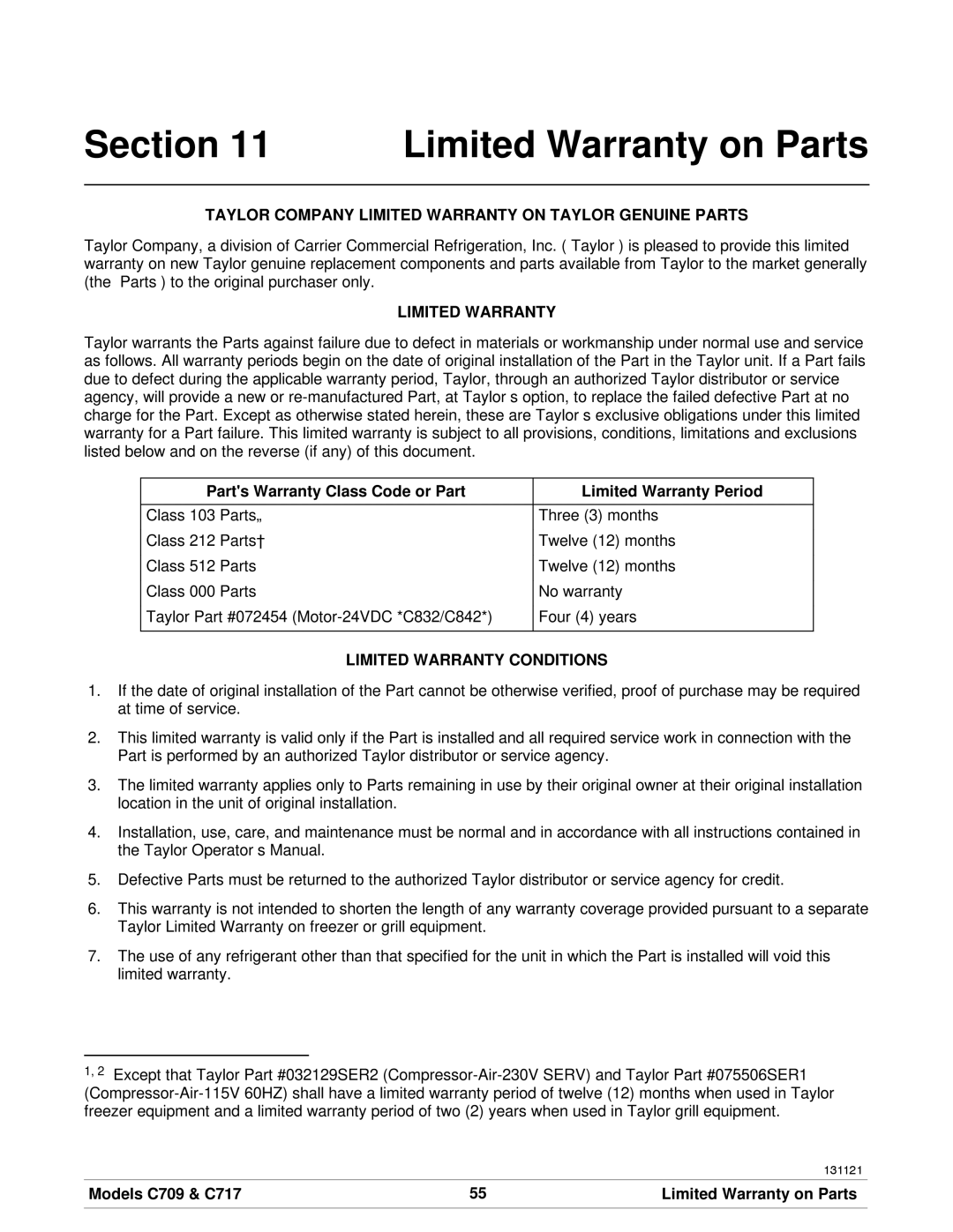 Taylor C717, C709 manual Limited Warranty on Parts, Parts Warranty Class Code or Part Limited Warranty Period 