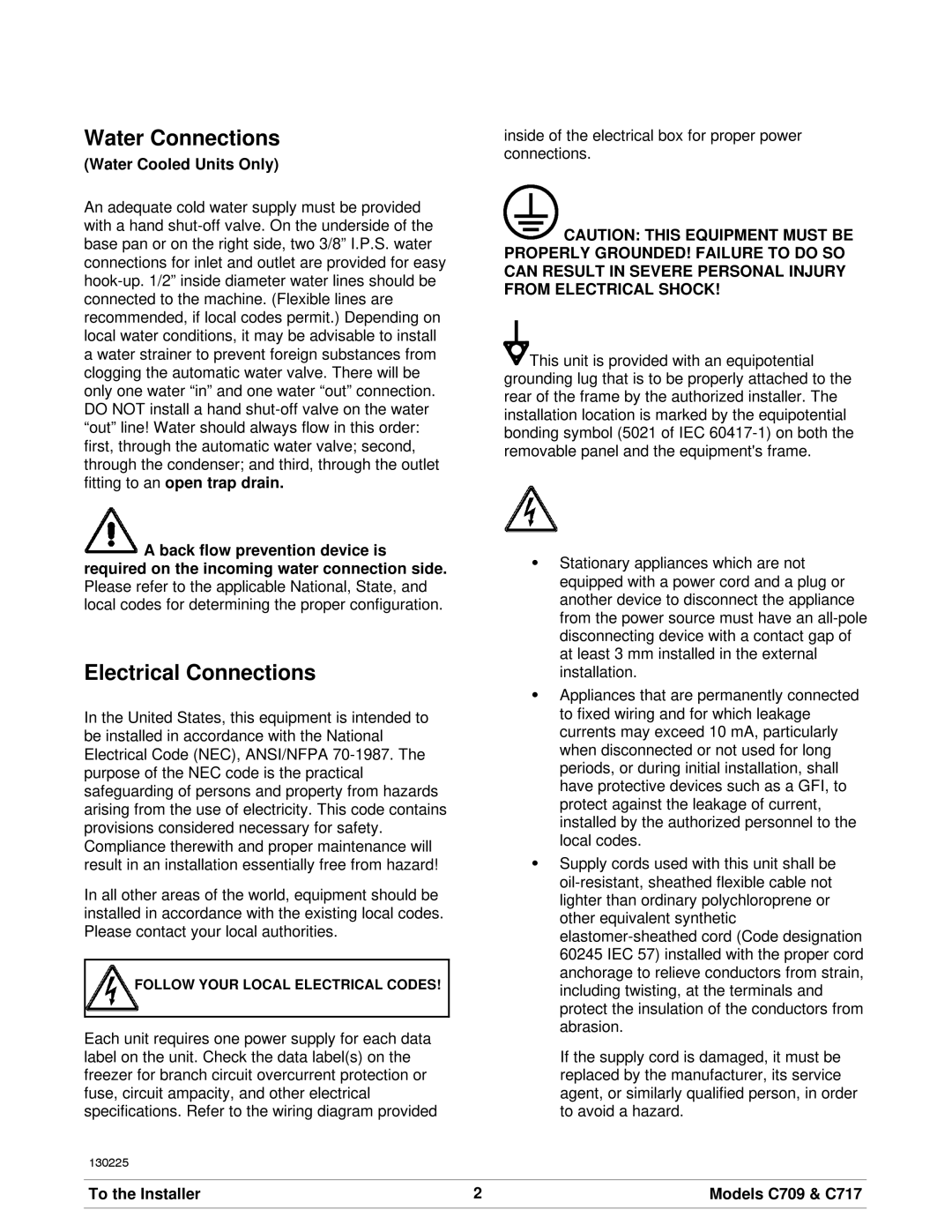 Taylor manual Water Connections, Electrical Connections, Water Cooled Units Only, To the Installer Models C709 & C717 