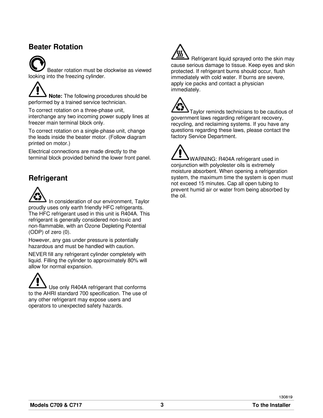 Taylor C717, C709 manual Beater Rotation, Refrigerant 