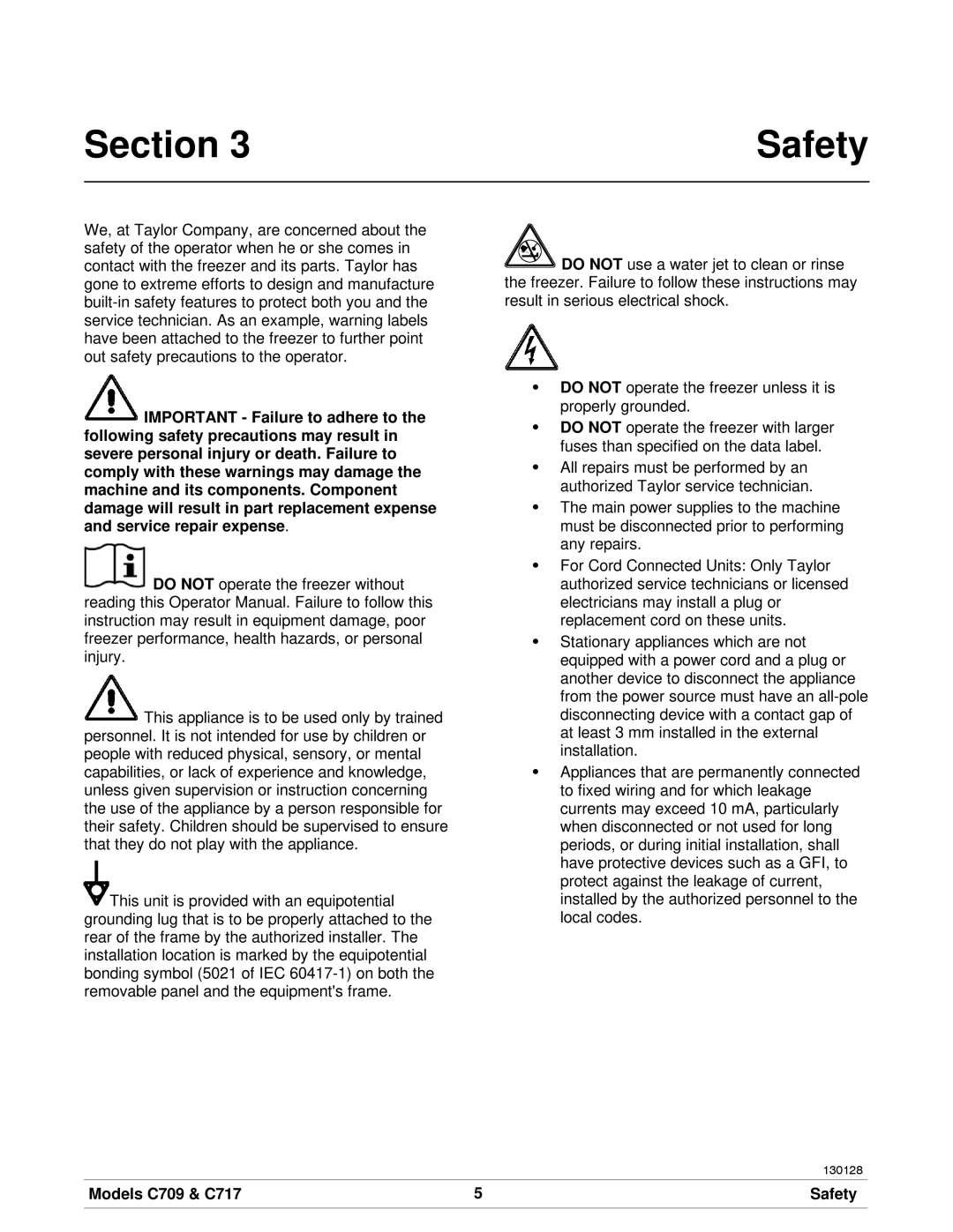 Taylor manual Section Safety, Models C709 & C717 Safety 