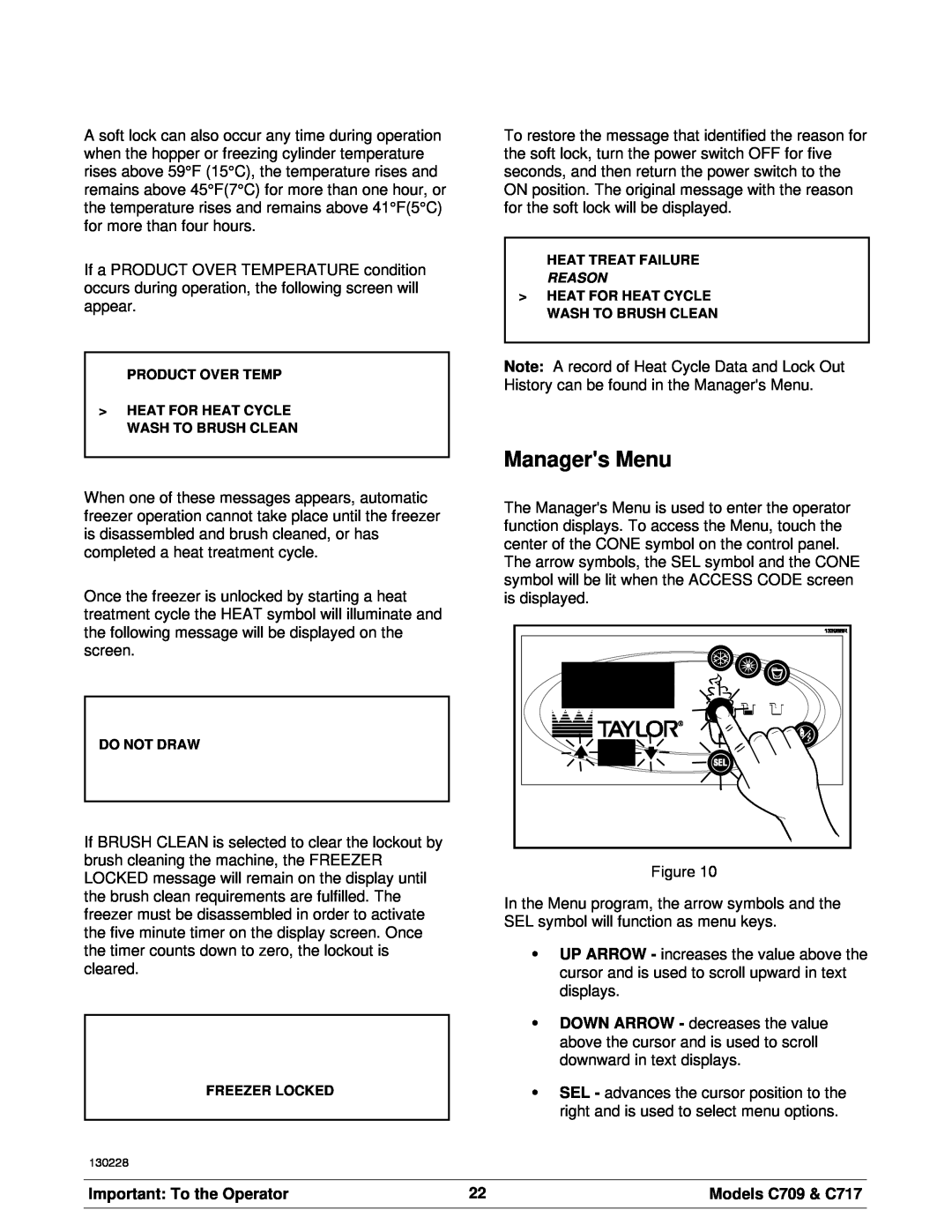 Taylor manual Managers Menu, Important To the Operator, Models C709 & C717 