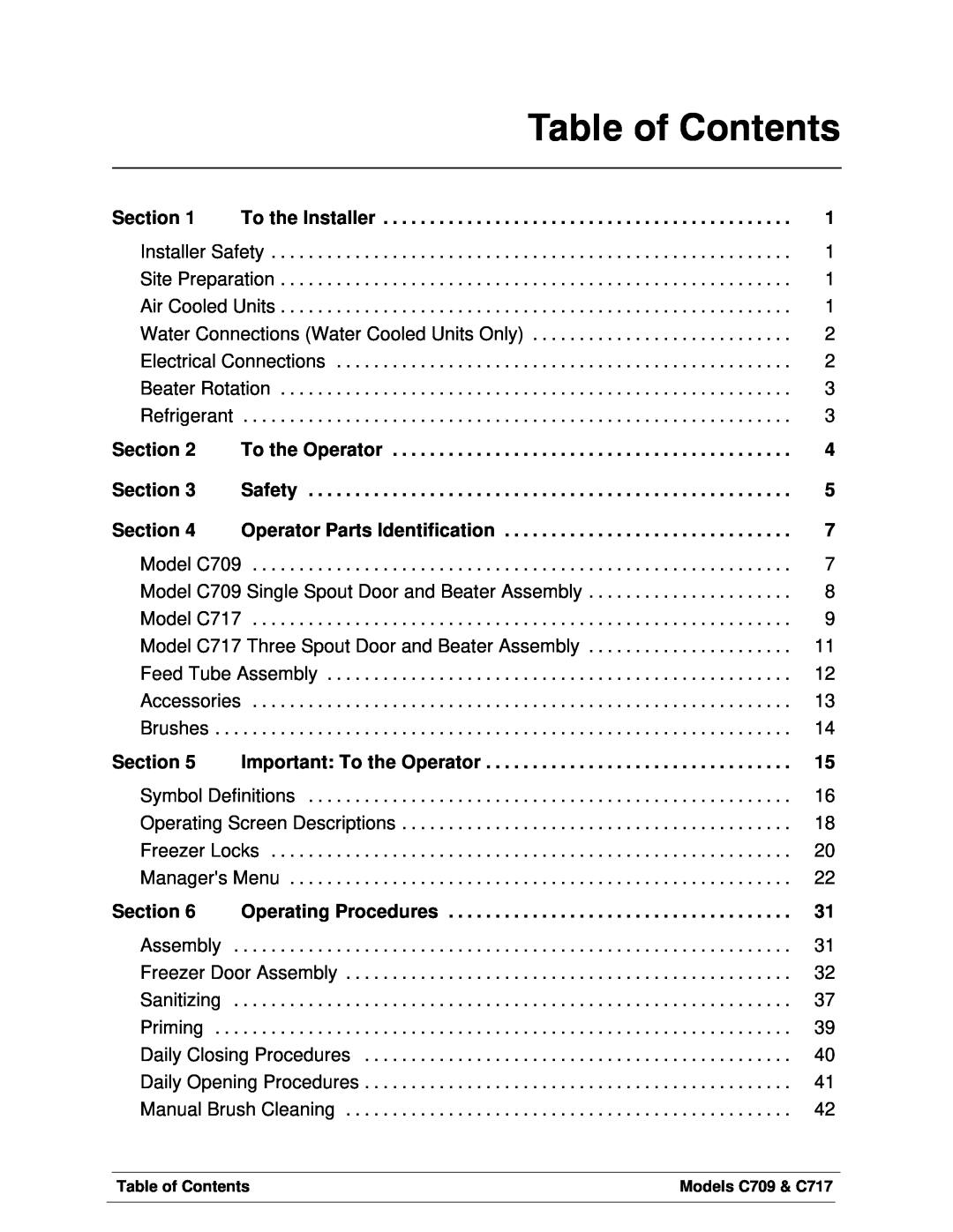 Taylor C717, C709 manual Table of Contents 