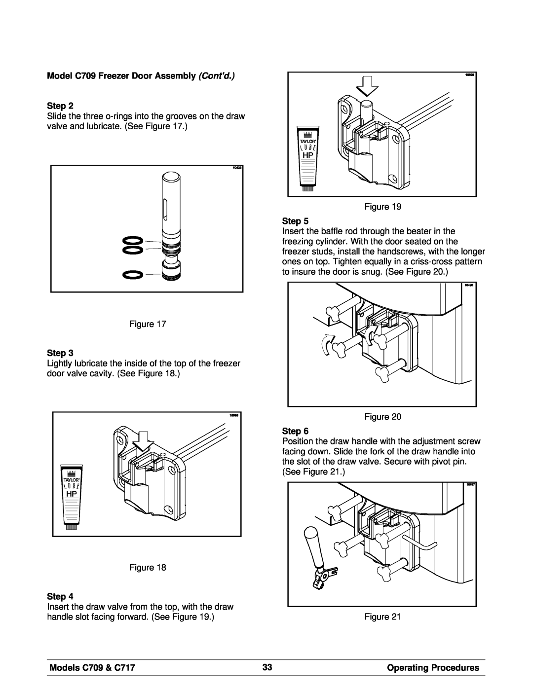 Taylor manual Model C709 Freezer Door Assembly Contd Step, Models C709 & C717, Operating Procedures 