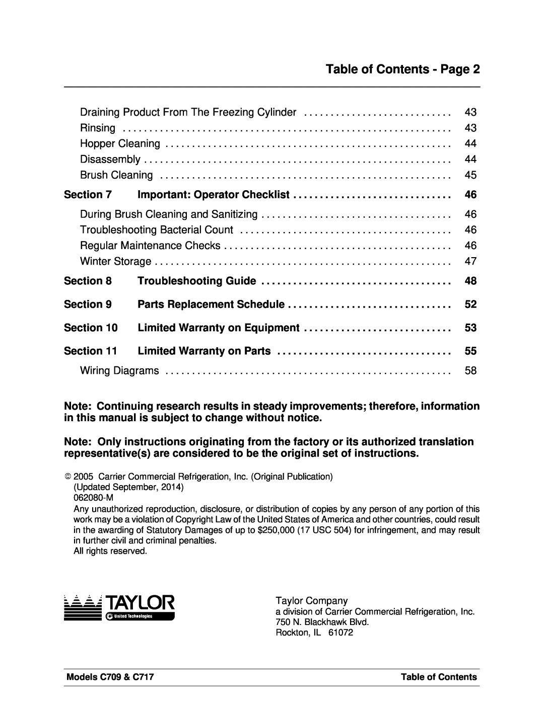 Taylor C709, C717 manual Table of Contents - Page 